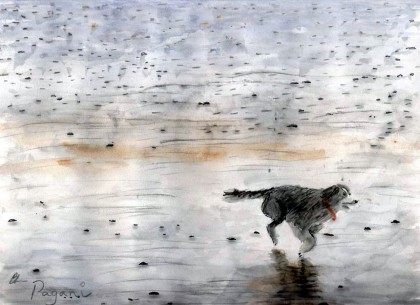 Dog Running on Beach, Manzanita, watercolor