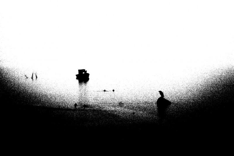 Boat, Bird and Rock, photography-based black and white abstract