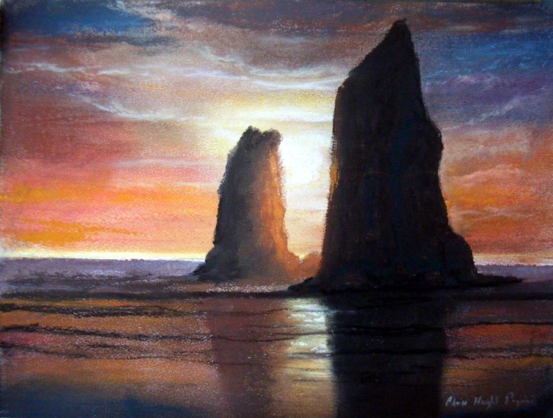 The Needles in pastels, companions to Haystack Rock at Canon Beach