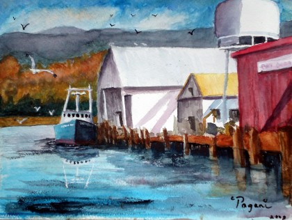 Commercial Fishing Boat at Dock, watercolor painting